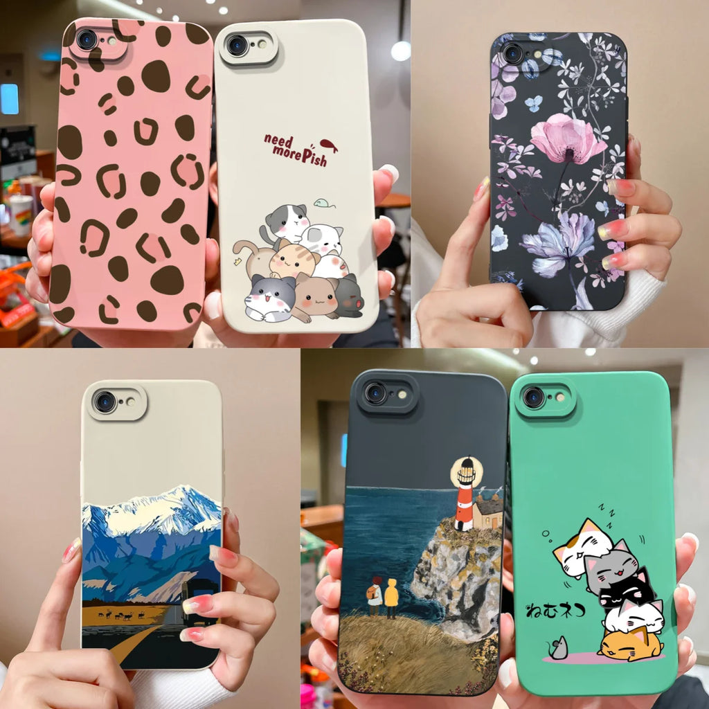 For iPhone 7 8 Plus iPhoneSE Case Cute Cat Phone Cover For iPhone SE iPhone7 7+ iPhone8 8+ Soft Liquid Silicone Anti Drop Shell