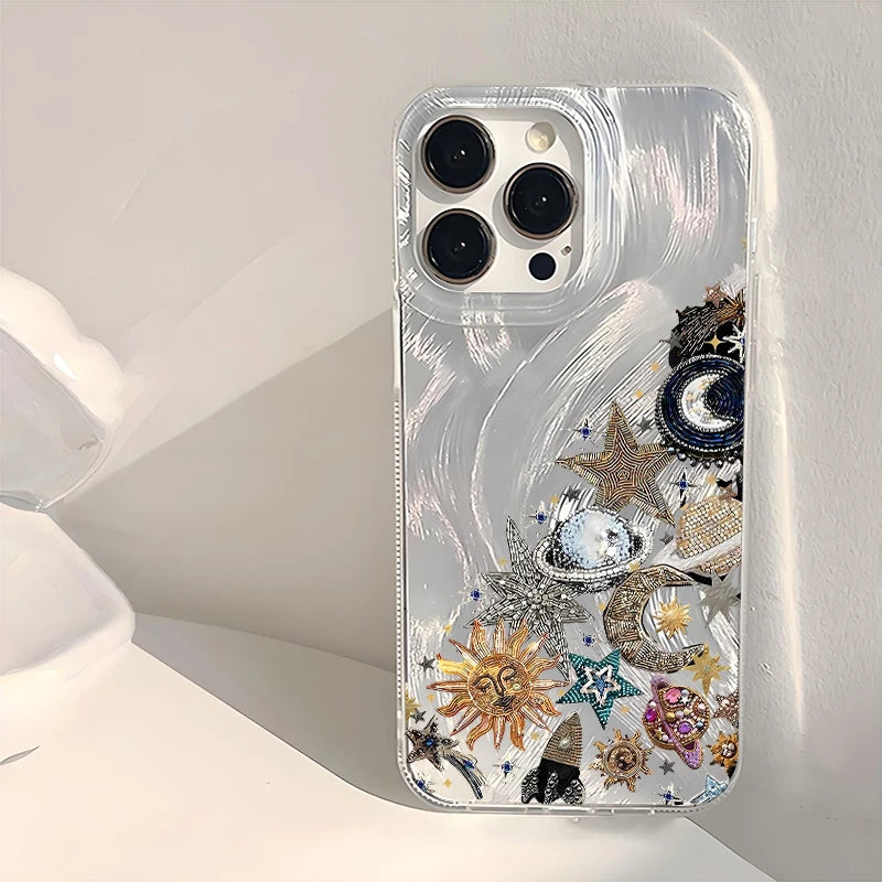 Gold Pink Blue Star Moon Sun Planet Printed TPU Silicone Case For iPhone 17 16 15 14 13 12 11 Pro Max X XR XS 15 Plus 16E Cover