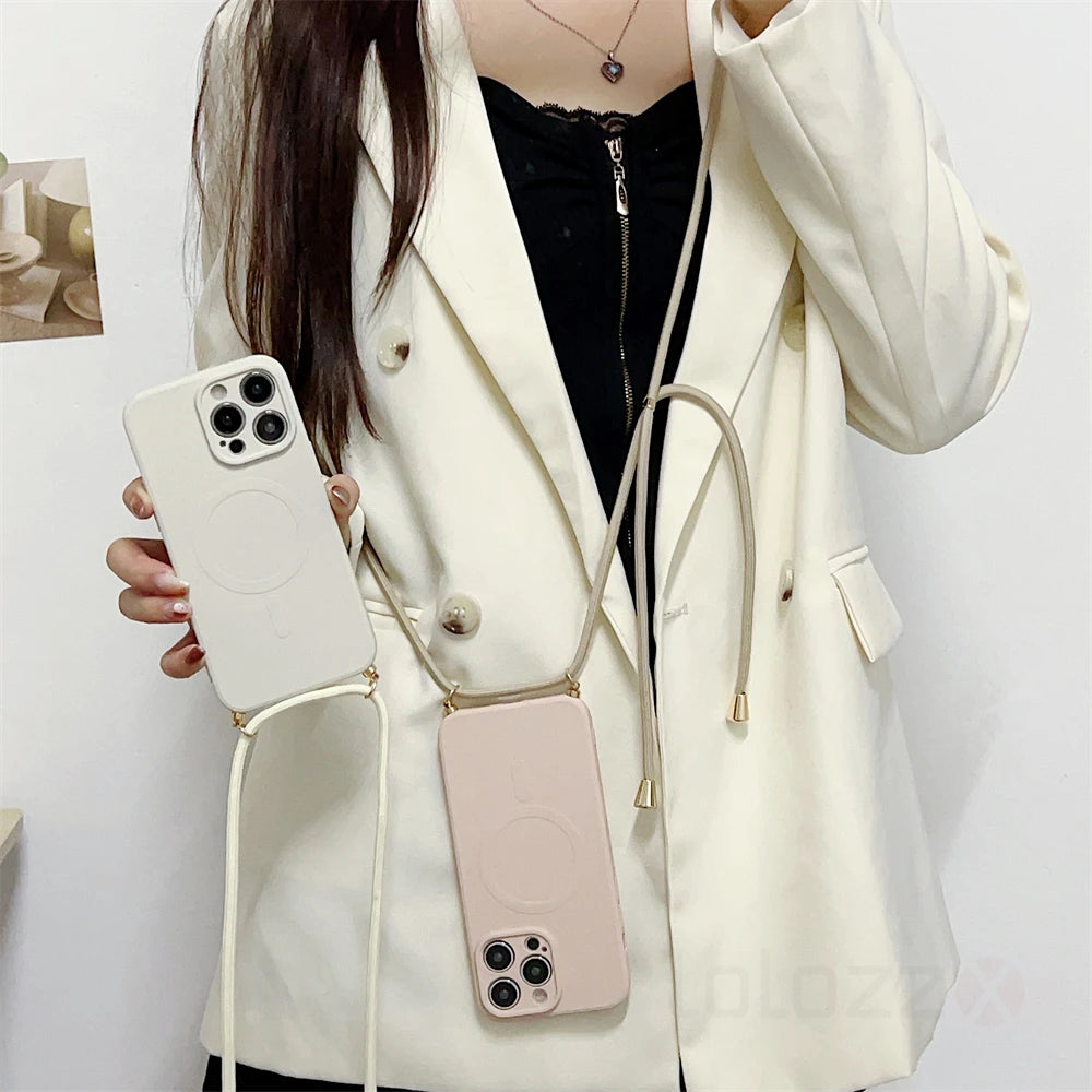 Lanyard Strap Soft Phone Case For iPhone 17 16 15 11 12 13 14 Pro Max 8 7 Plus XS X For Magsafe Magnetic Wireless Charging Cover