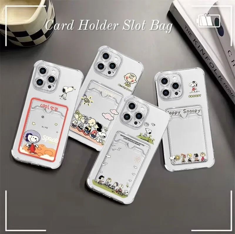 Hot Funny Cute S-Snoopys Card Hold Phone Case For Samsung Galaxy S25 S24 S23 S22 S21 Edge Plus Ultra M33 M53 M54 5G Airbag Cover