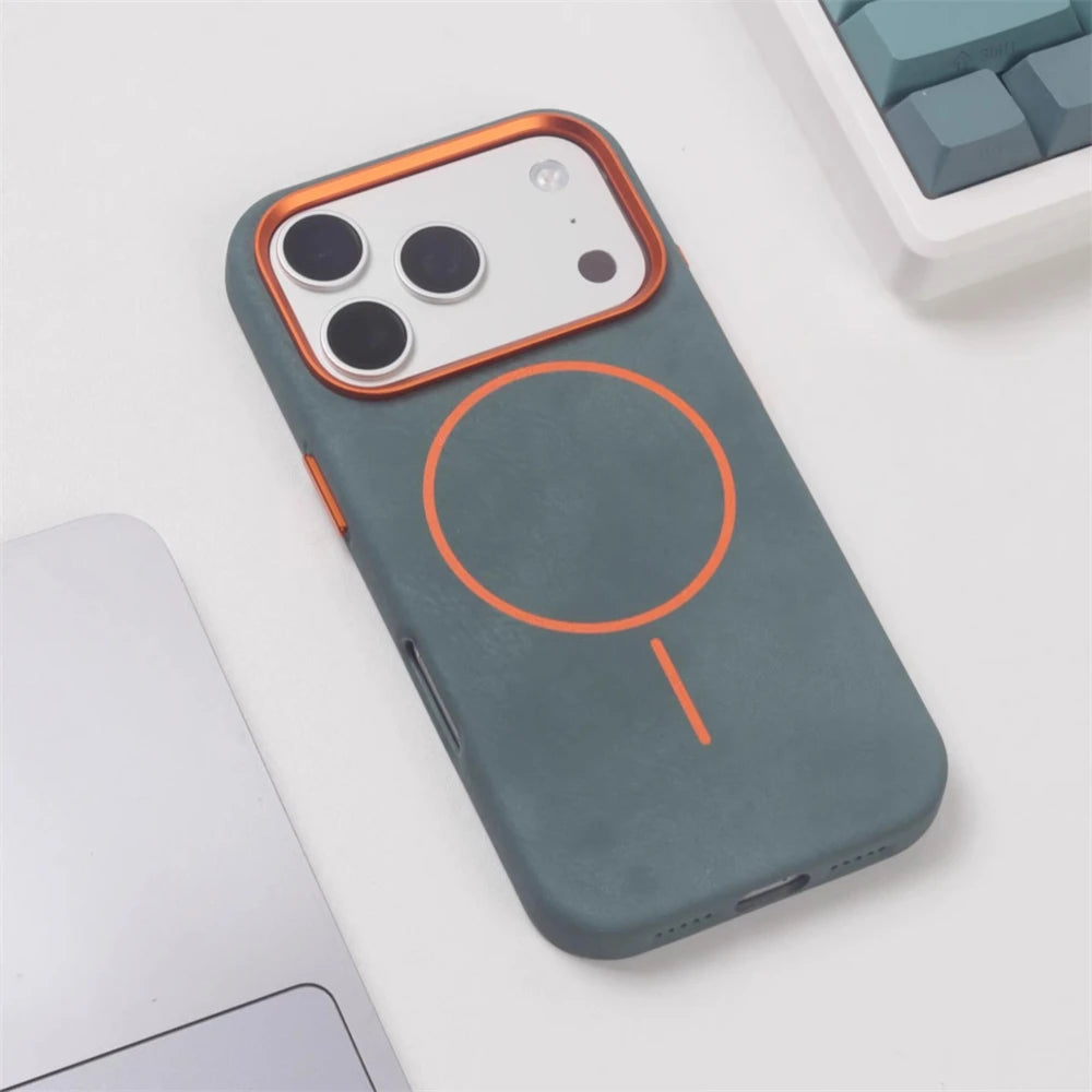 Luxury Magnetic Elephant Skin Texture PU Leather Case For iPhone 17 Pro Max Air 16 15 14 13 MagSafe Alloy Lens Shockproof Cover