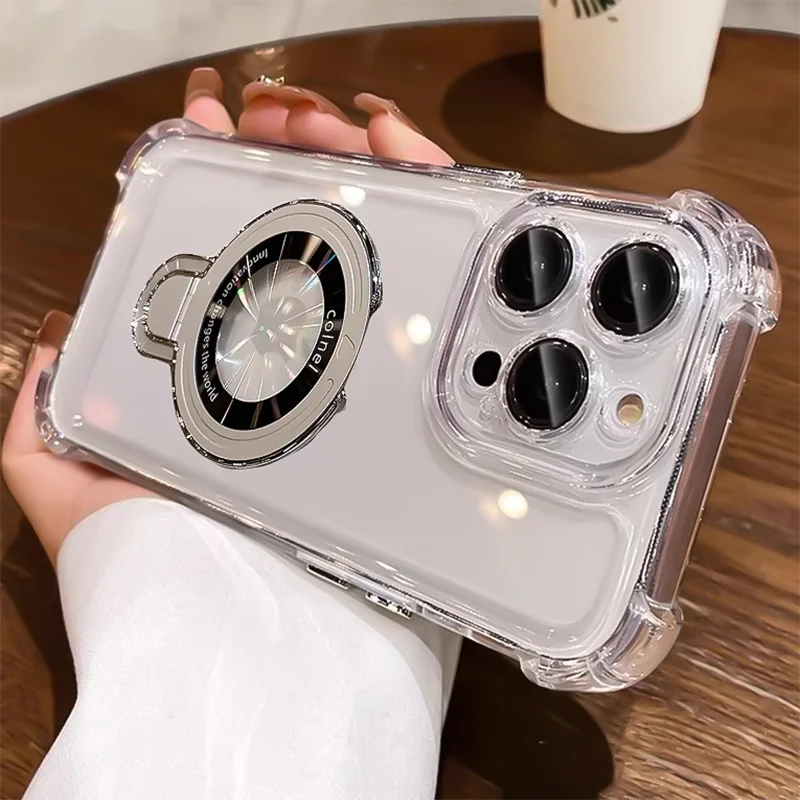 Luxury Plating Transparent Phone Case For iPhone 17 Pro Max 14 15 Plus Air 11 12 13 16 Pro For Magsafe Magnetic Ring Stand Cover