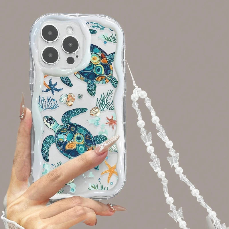 Sea Turtle Underwater World Wave-Shaped Phone Case For iPhone 17 16 15 14 13 12 11 Pro Max 16E 17E Bowknot Lanyard Clear Cover