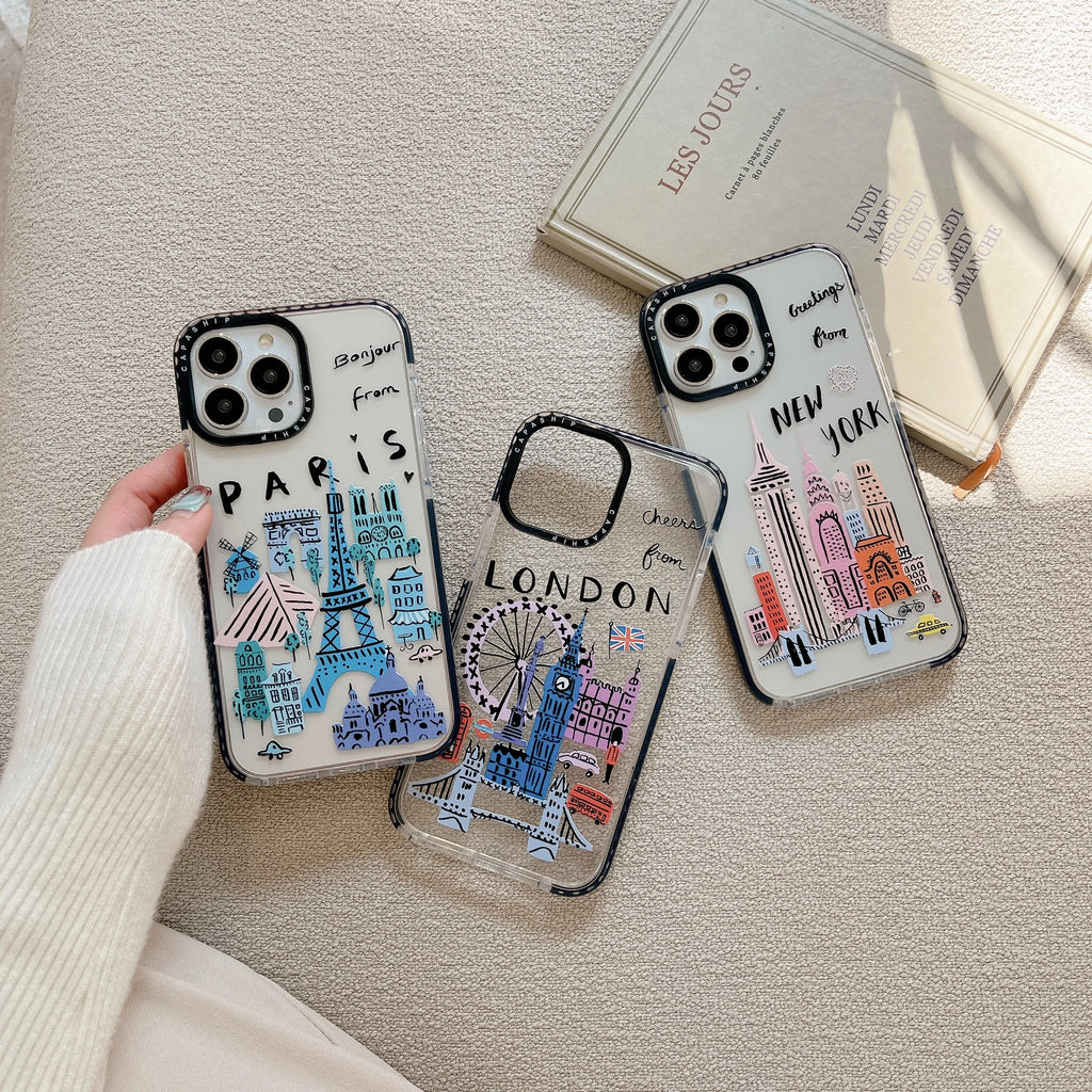 Paris London New York City Landmark building Cartoon Doodle Cover Case For iPhone 16 15 14 13 12 11 Pro Max 7 8 Plus Mini X XR