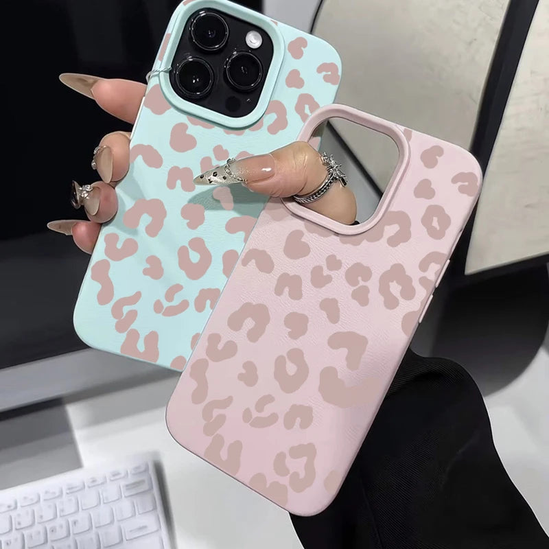 For IPhone 17 16 15 14 13 12 11 Pro Max Case Pink Leopard Print Lichee Pattern Silicone Cover for IPhone XS X XR 16 Plus Fundas