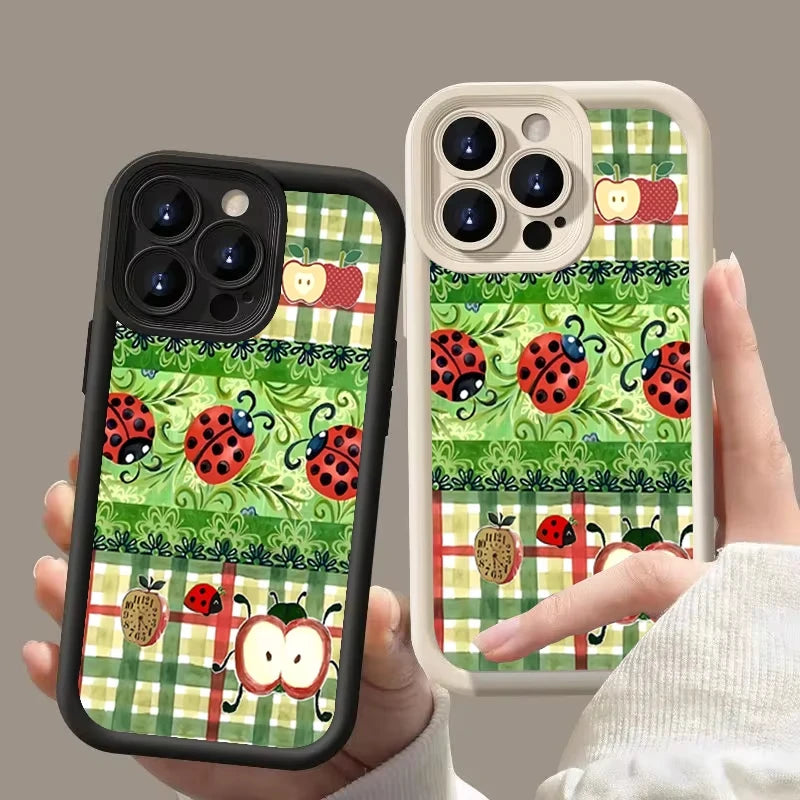 Ladybug Flowers Pattern Phone Case For iPhone 17 16 15 14 13 12 11 Pro Max Plus 17 Air 16E XS X XR Shockproof Silicone Cover