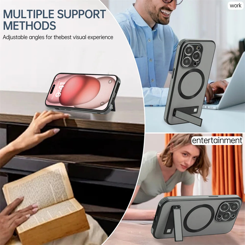 Luxury Magnetic Leather Stand Phone Case For iPhone 17 16 15 14 11 12 13 Pro Max Wireless Charging For Magsafe Shockproof Cover