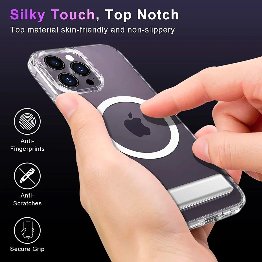 Magnetic Clear Phone Case for Magsafe with Kickstand for iPhone 14 Pro Max 13 12 11 15 Plus Mini Shockproof Mobile Back Cover