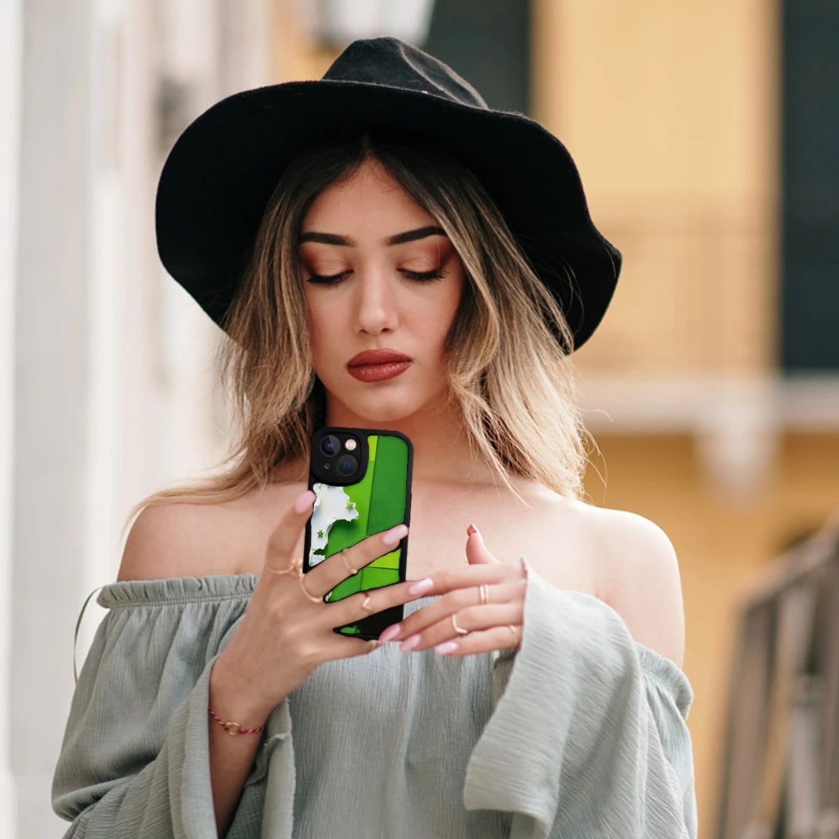 Phone Case Green Color Paper Art Design With Cloud And Stars Pattern For Iphone X To Iphone 16 Pro Max Outdoor And Daily Use