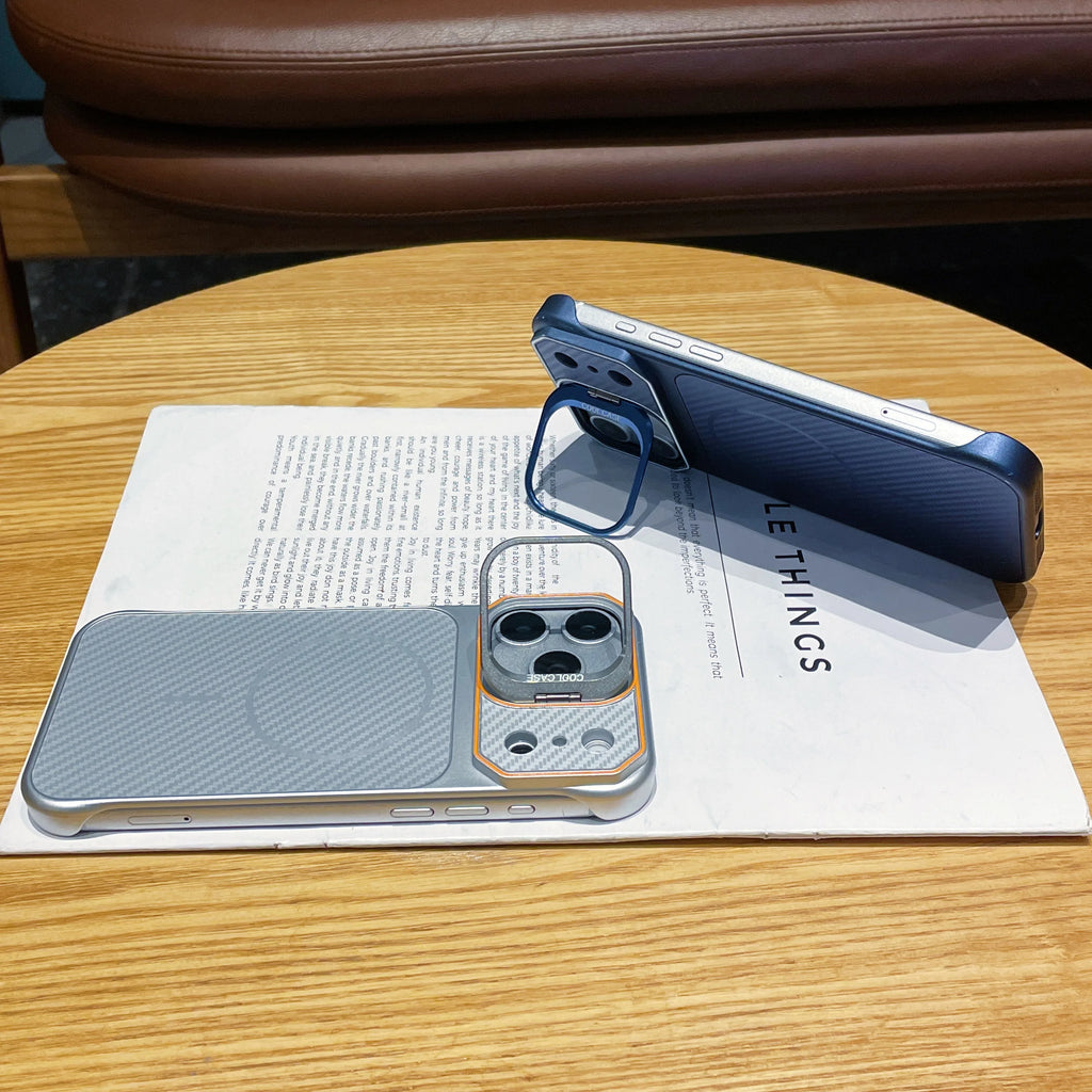 No Borders Lens Holder Phone Case For Magsafe For iPhone 13 14 15 16 17 Pro Max Carbon Fiber Texture PC Magnetic Phone Cover
