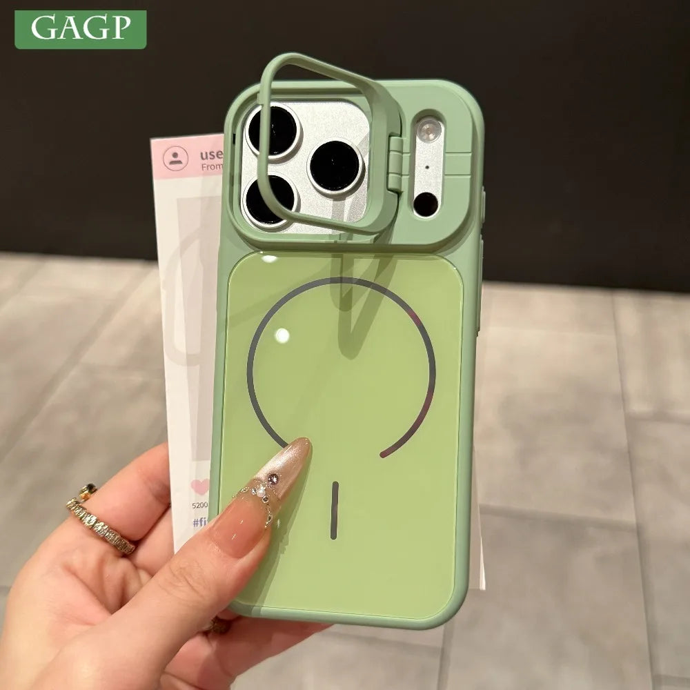Luxury Glass Back Panel Camera Stand Holder For Magsafe Case For iPhone 17 Pro Max 11 12 14 13 15 16 Pro Shockproof Back Cover