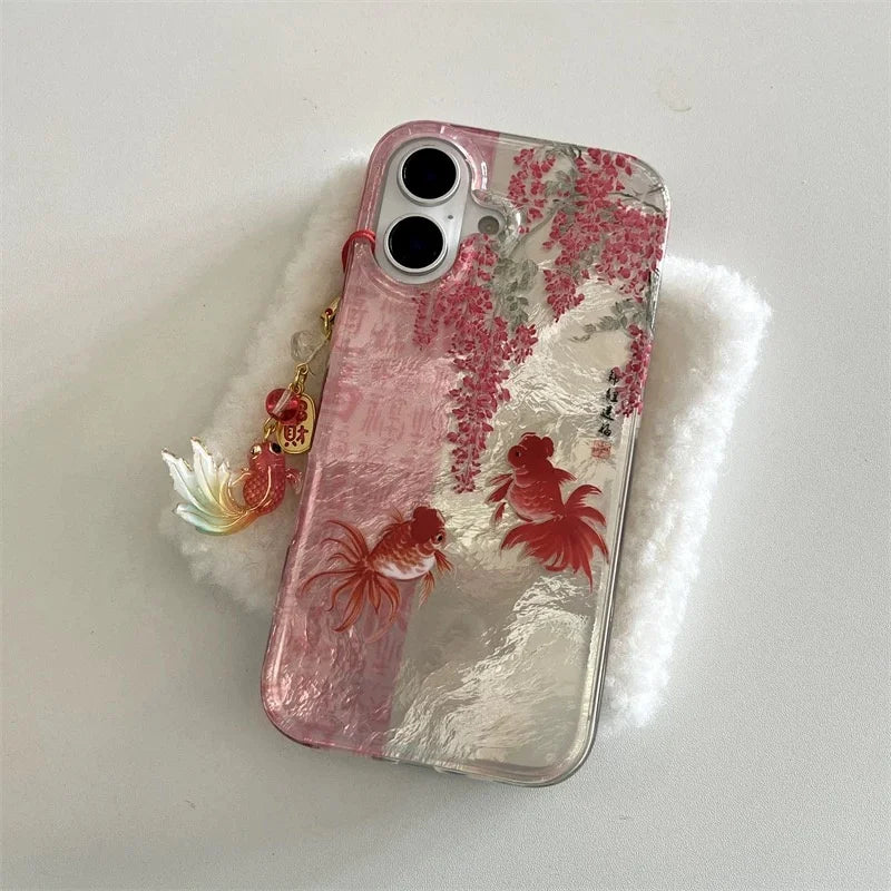 Vortex pattern painted calligraphy flower branch koi phone case with koi pendant for iPhone 11 12 13 14 15 16 17 pro max