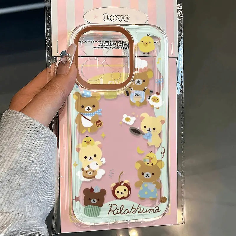 Y2K Cute Bear Rilakkumas Clear Space Phone Case For iPhone 11 12 13 14 15 16 Pro Max Mini X Xs XR 7 8 plus Se2020 Clear Cover
