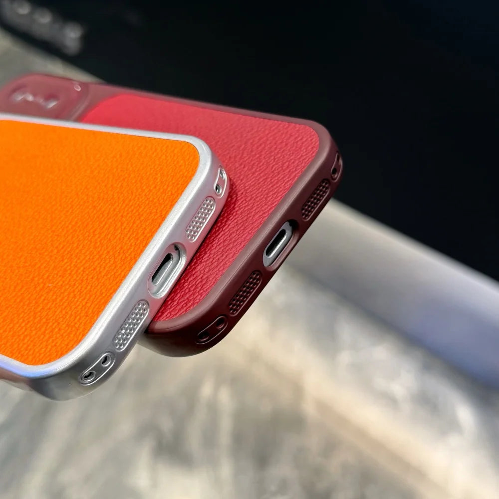 Luxury New Solid Color Leather Texture Phone Case For iPhone 17 16 15 14 Pro Max 13 Bumper Crystal Large Window Shockproof Cover