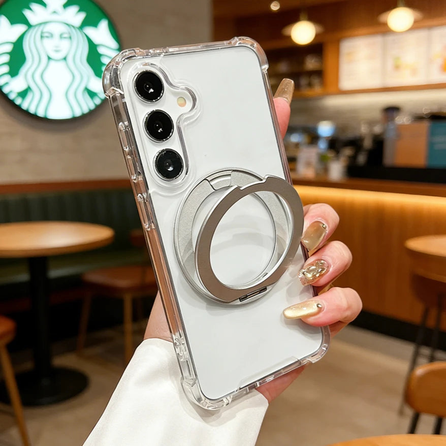 For Samsung Galaxy S26 S25 S24 FE S23 S22 Ultra Plus 360 Rotating Bracket Magnetic Case for A35 A55 A56 Transparent Airbag Cover