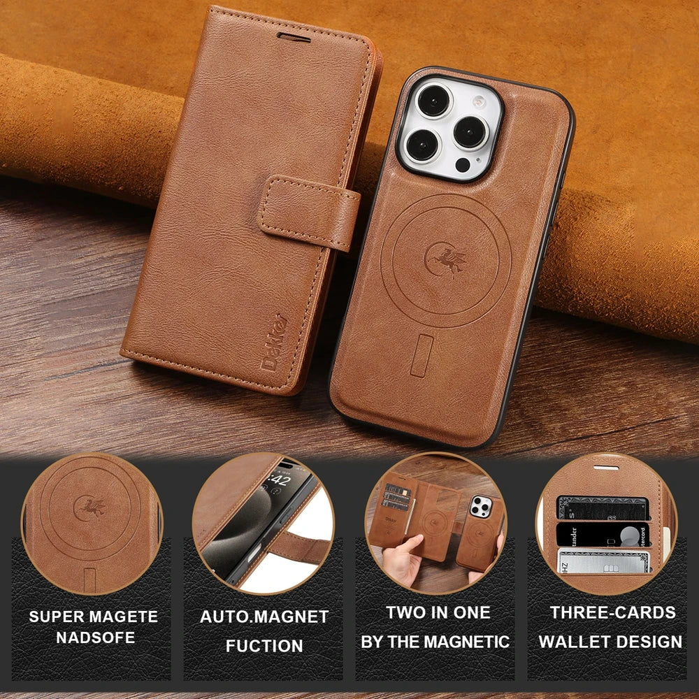 2 In 1 Detachable Wallet Case For iPhone 17 16 Pro Max 15 Plus 14 13 12 16e Magnetic MagSafe Wireless Charging Stand Phone Cover
