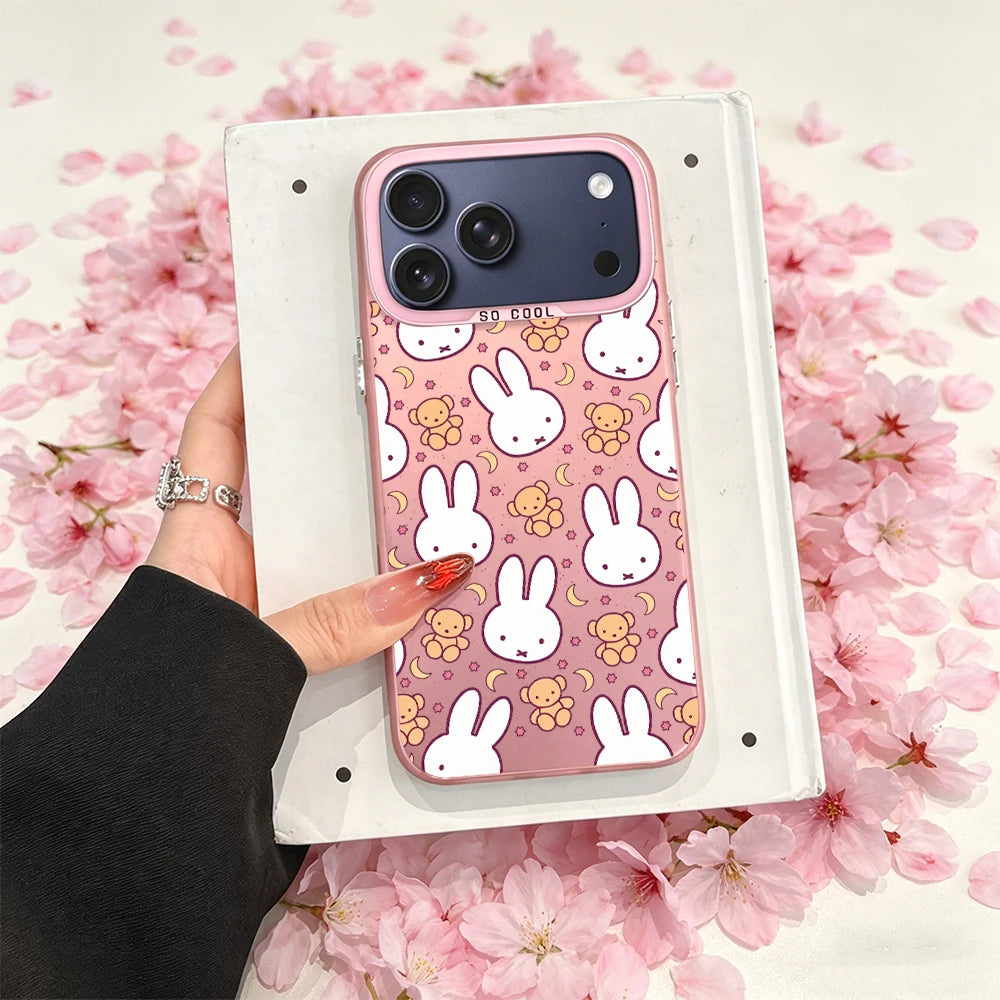 Cartoon Cute M-Miffy E Phone Case For iPhone 11 12 13 14 15 16 17 E Pro Max Plus Mini Electroplated Silver IMD Laser Pink Cover