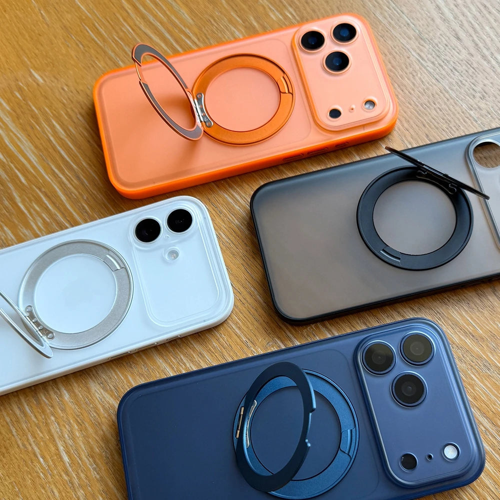 360° Rotation Metal Bracket PU Leather Bumper Case For iPhone 17 16 Pro Max 17Pro 16Pro for Magsafe Ultra Thin PC Frosted Cover
