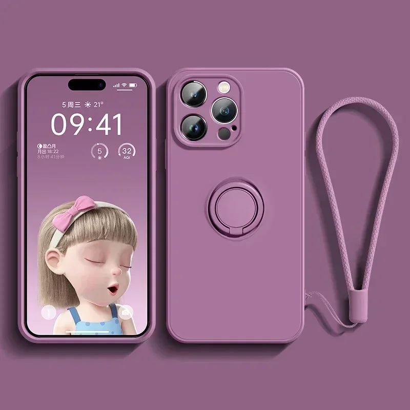 Liquid Silicone Case For iPhone 17 16 16e 15 13 Mini 14 12 11 Pro Max Plus Phone Holder Ring Stand Protect Cover Wrist Strap