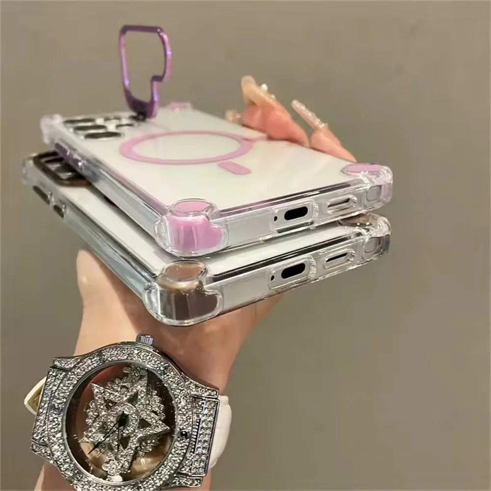 Fold Camera Holder Cases For Samsung Galaxy S25 Ultra 5G Magnetic Cover Funda For Samsung S24 S23 Ultra Transparent Case