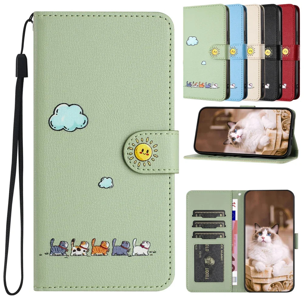 S24 Kawaii Cat Phone Case for Funda Samsung Galaxy S25 S23 Ultra S24 S22 Plus S21 FE S20 Note 20 Cases Leather Wallet Flip Cover