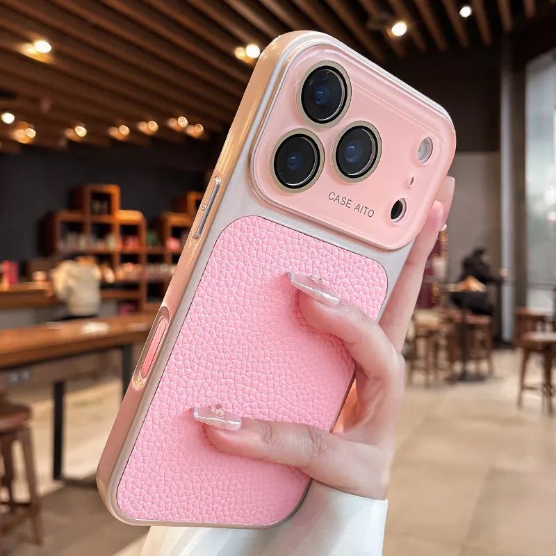 Luxury Lichee Pattern Leather Phone Case For iPhone 17 16 15 14 13 12 Pro Max Plus Air Camera Film Protection Bumper Back Cover