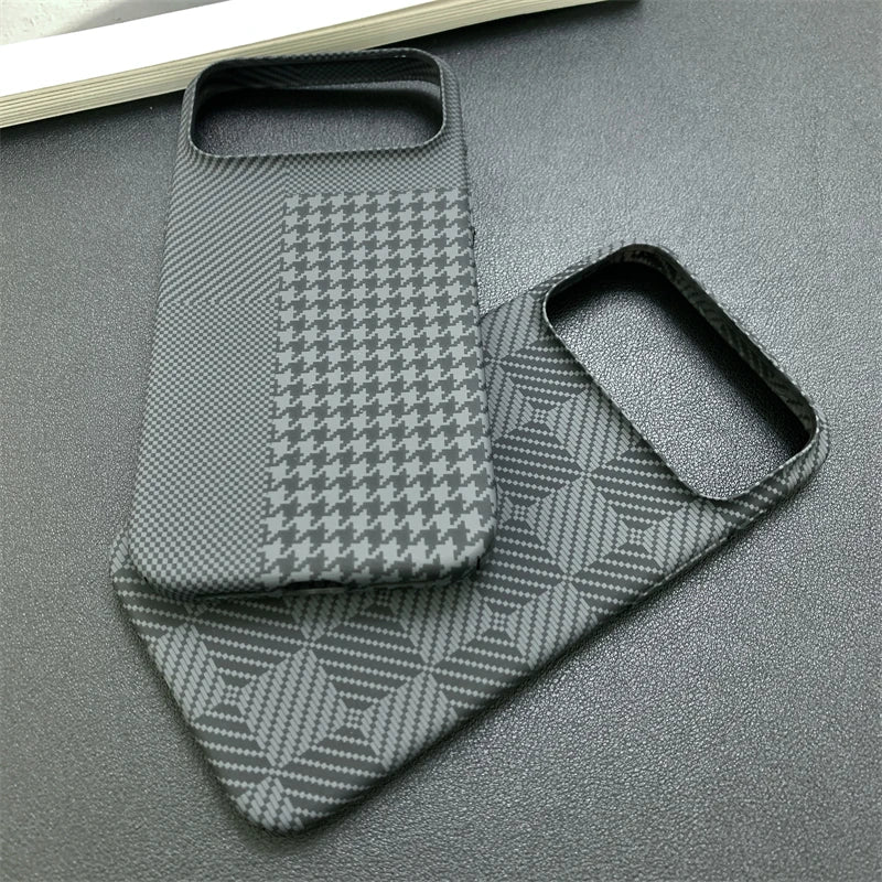 Slim Carbon Fiber Shockproof Matte Case for iPhone 17 Pro Max 16 15 14 13 Luxury Checkered Pattern Contrast Color Bumper Cover