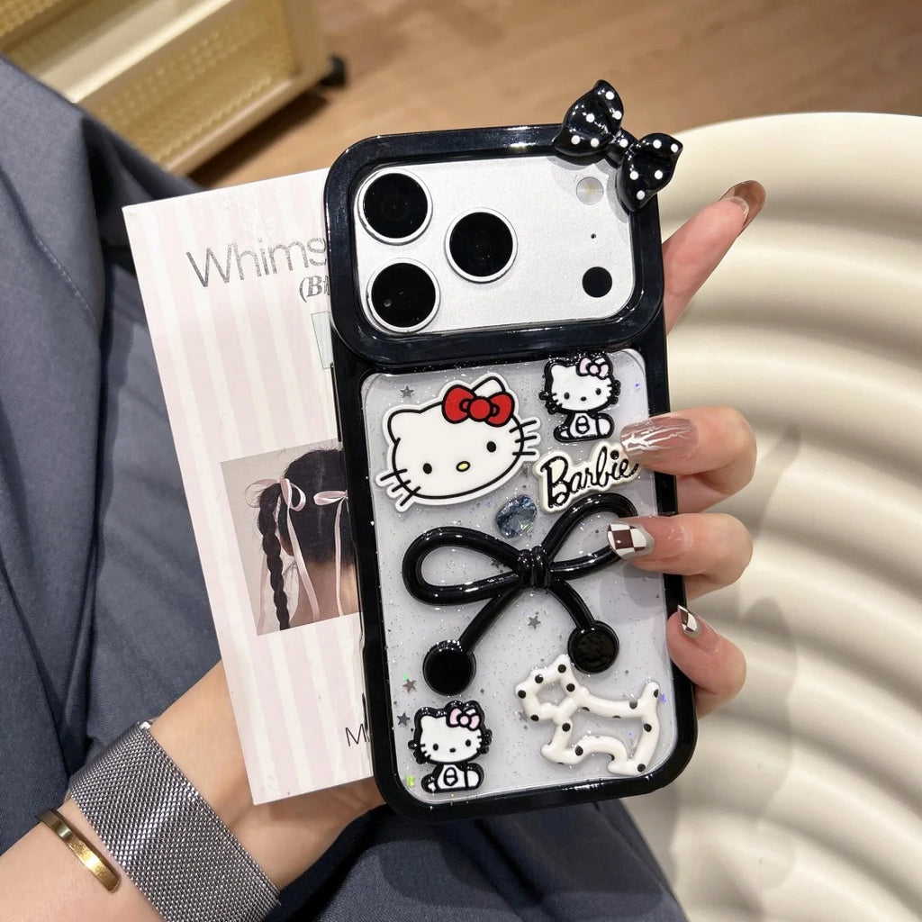 Cute Cartoon Glitter Powder Bow Hello Kitty Cat Phone Case For iphone 17 16 15 14 Pro Max 13 Shockproof Protector Sanrio Cover