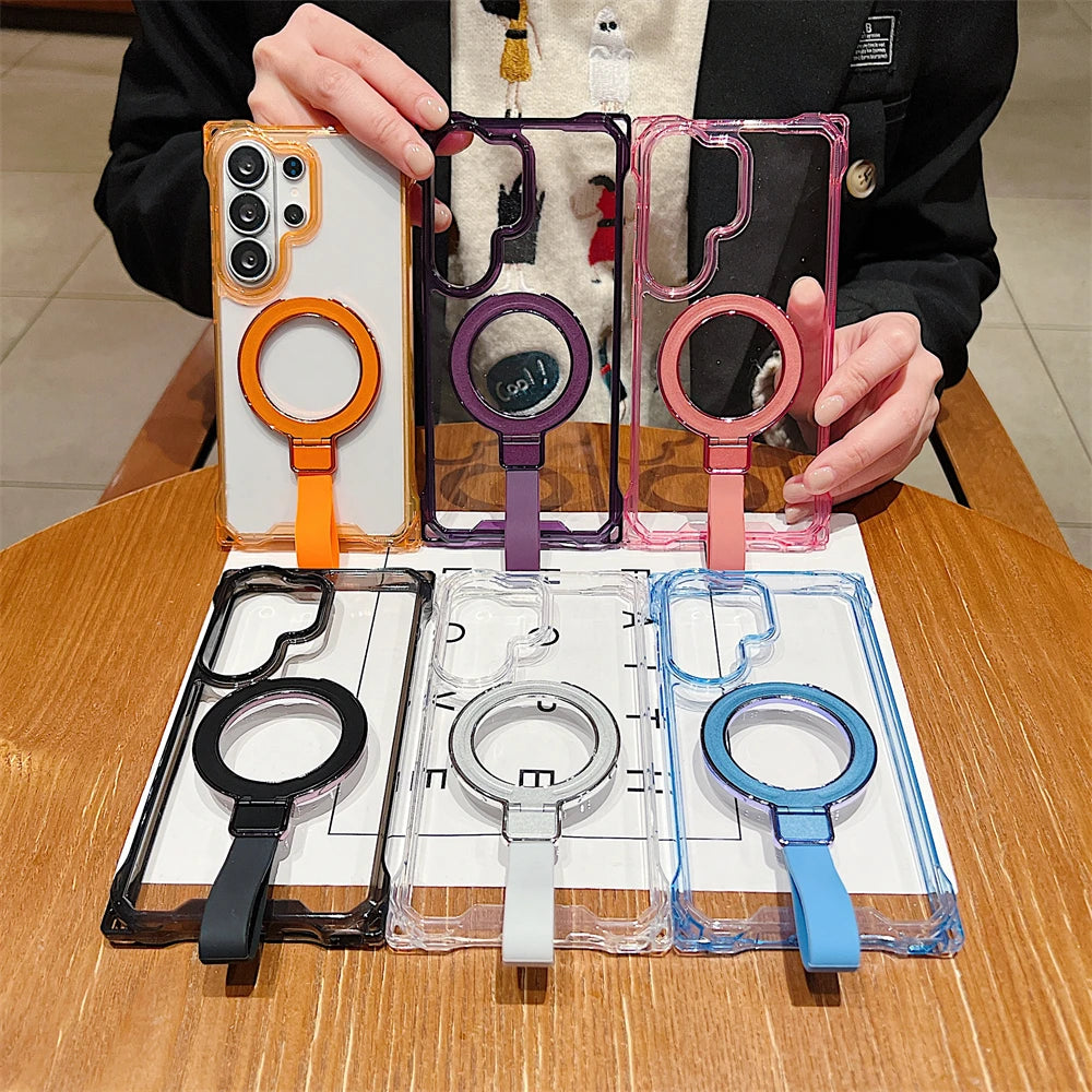 Acrylic Clear Magnetic Stand Strap Phone Case for Samsung Galaxy S26 S25 S23 Ultra S24 Plus for Magsafe Airbags Shockproof Cover
