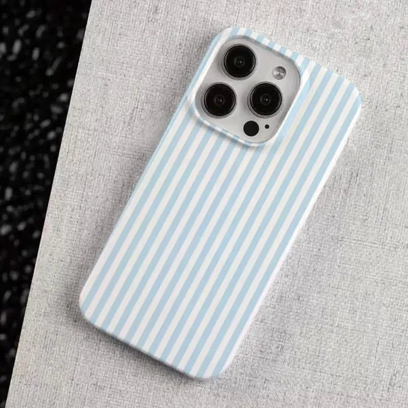 Fresh Blue and White Striped Glossy Phone Case for iPhone 11 12 13 14 15 16 17 Pro Max 17 Air 16E Soft Casing Shockproof Cover