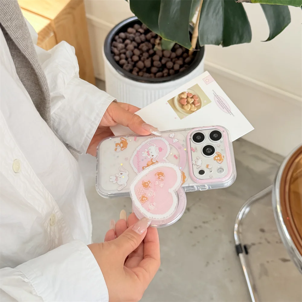 Korean Cherry Dessert Rabbit Magnetic Phone Case for iPhone 17 16 15 Pro 15 16 Pro Max Funda with Magsafe Shake Stand Cute Cover