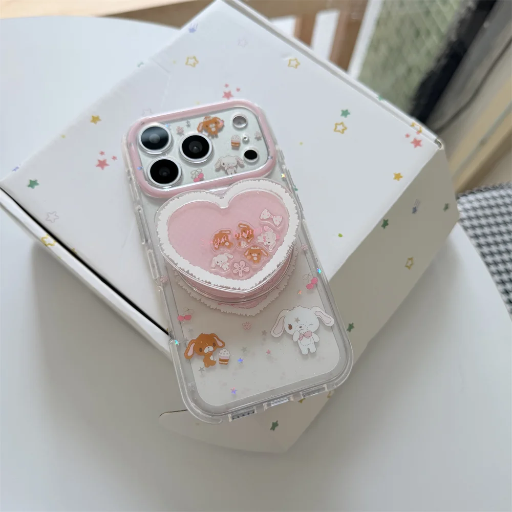Korean Cherry Dessert Rabbit Magnetic Phone Case for iPhone 17 16 15 Pro 15 16 Pro Max Funda with Magsafe Shake Stand Cute Cover