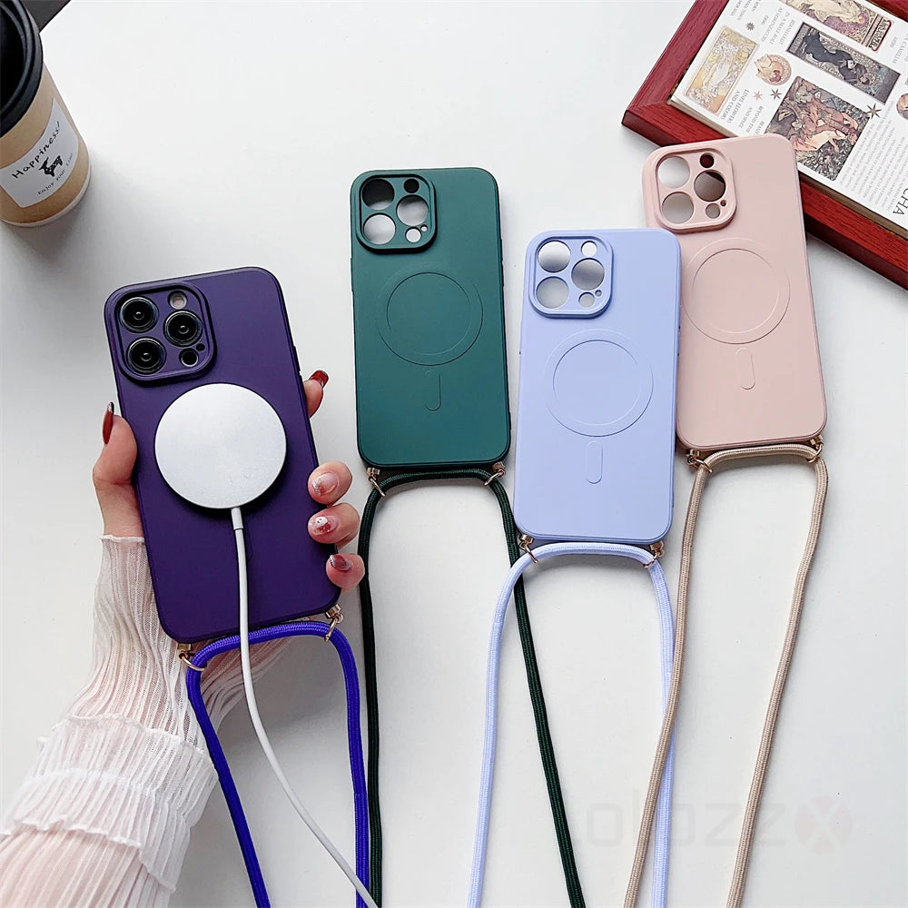 Lanyard Strap Soft Phone Case For iPhone 17 16 15 11 12 13 14 Pro Max 8 7 Plus XS X For Magsafe Magnetic Wireless Charging Cover