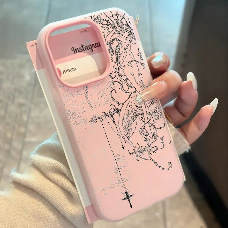 Gothic Style Angel Cross Line Drawing Phone Case For iPhone 11 12 13 14 15 16 17 Pro Max XS X XR 16E 17Pro 17Air 7 8 Plus Cover