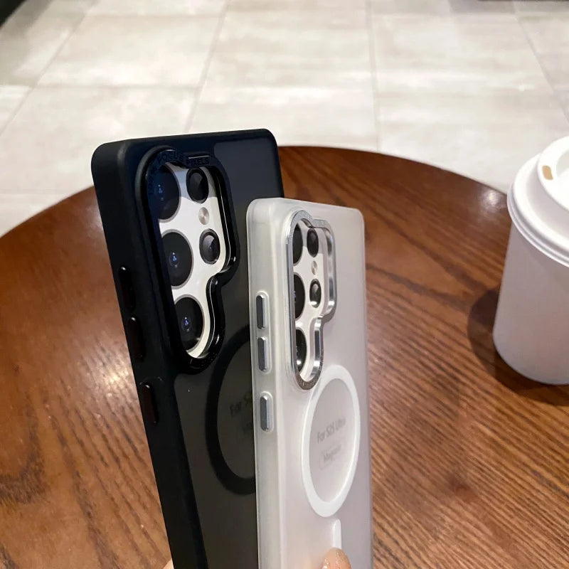 Luxury Metal Lens Camera Protective Matte Translucent Case For Samsung Galaxy S25 S24 S23 Plus Ultra Magnetic for Magsafe Cover