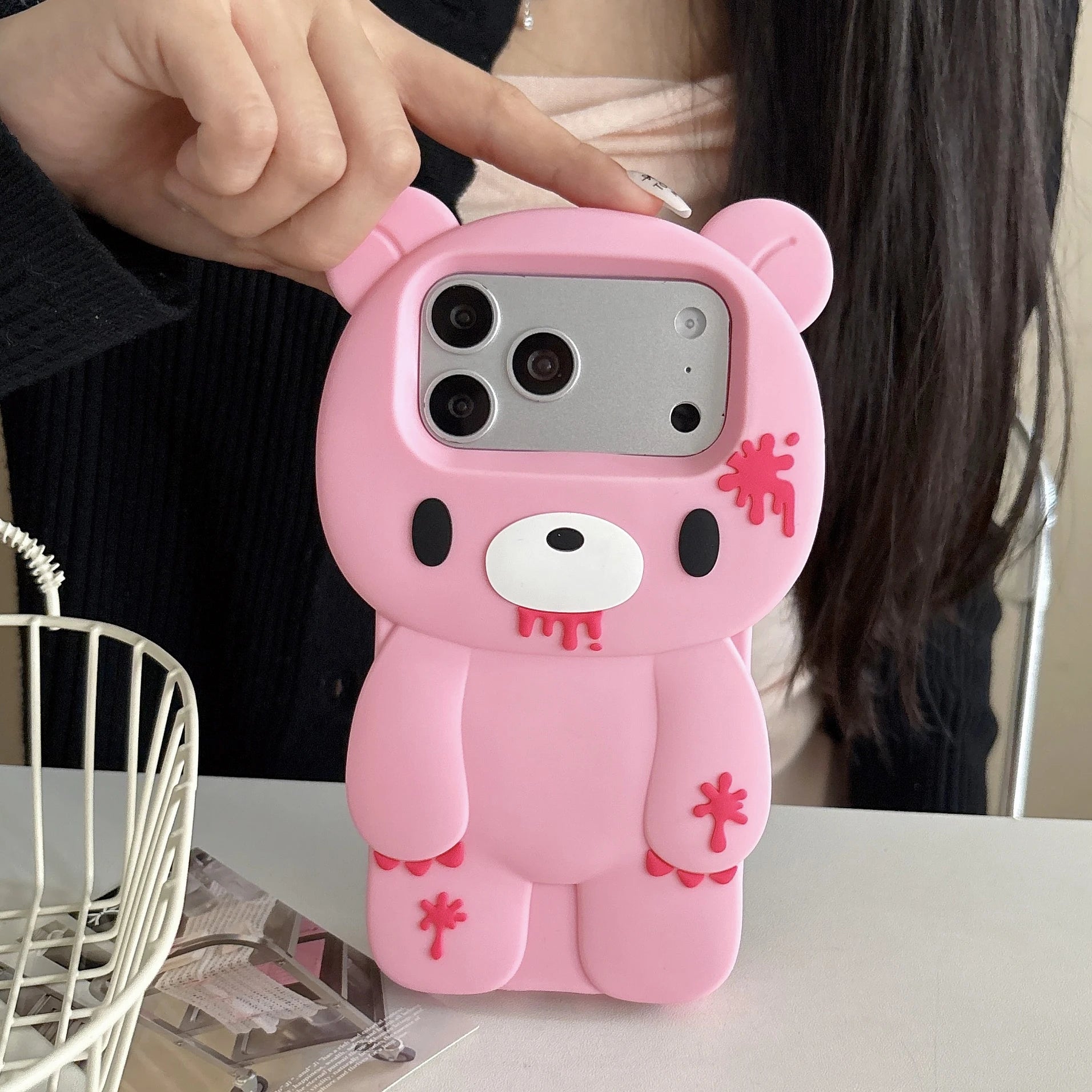 For iPhone 17 Pro Max 16 Plus 15 14 13 12 Pro Max Phone Case 3D Cartoon Cute Unique Bloody Design Bear Soft Silicone Cover