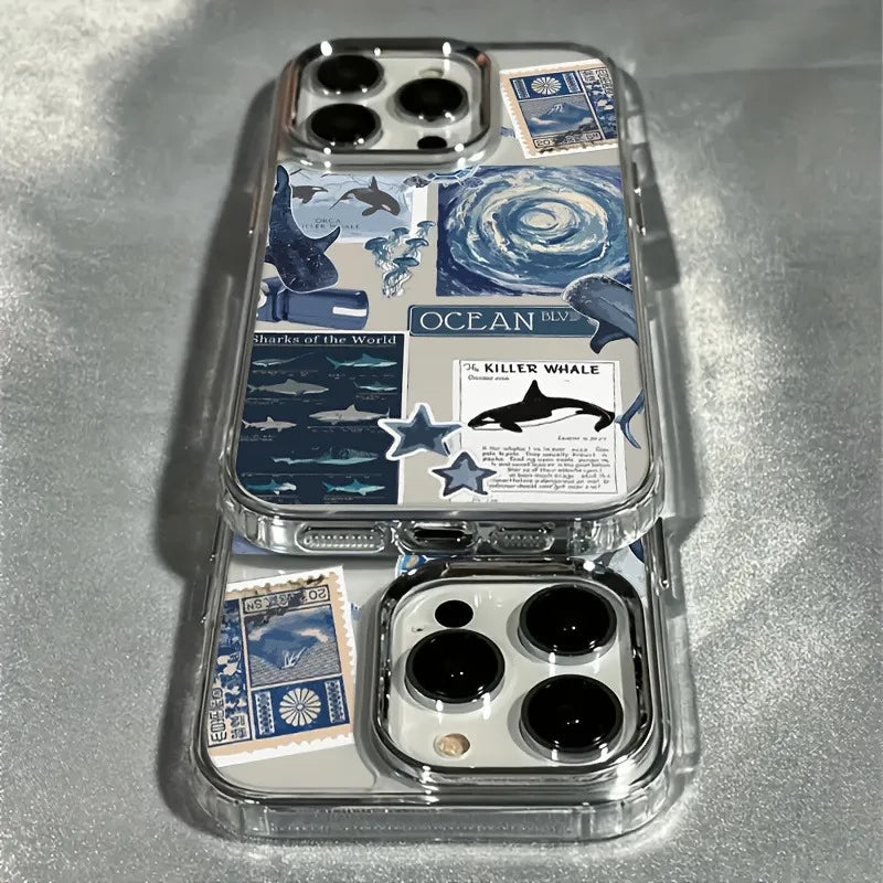Blue Ocean Whale and Jellyfish Pattern Electroplated Lens Frame Transparent Phone Case Suitable for Iphone17 Air Pro Max Iphone16 15 14 13 12 11 Air Plus Pro Max Series