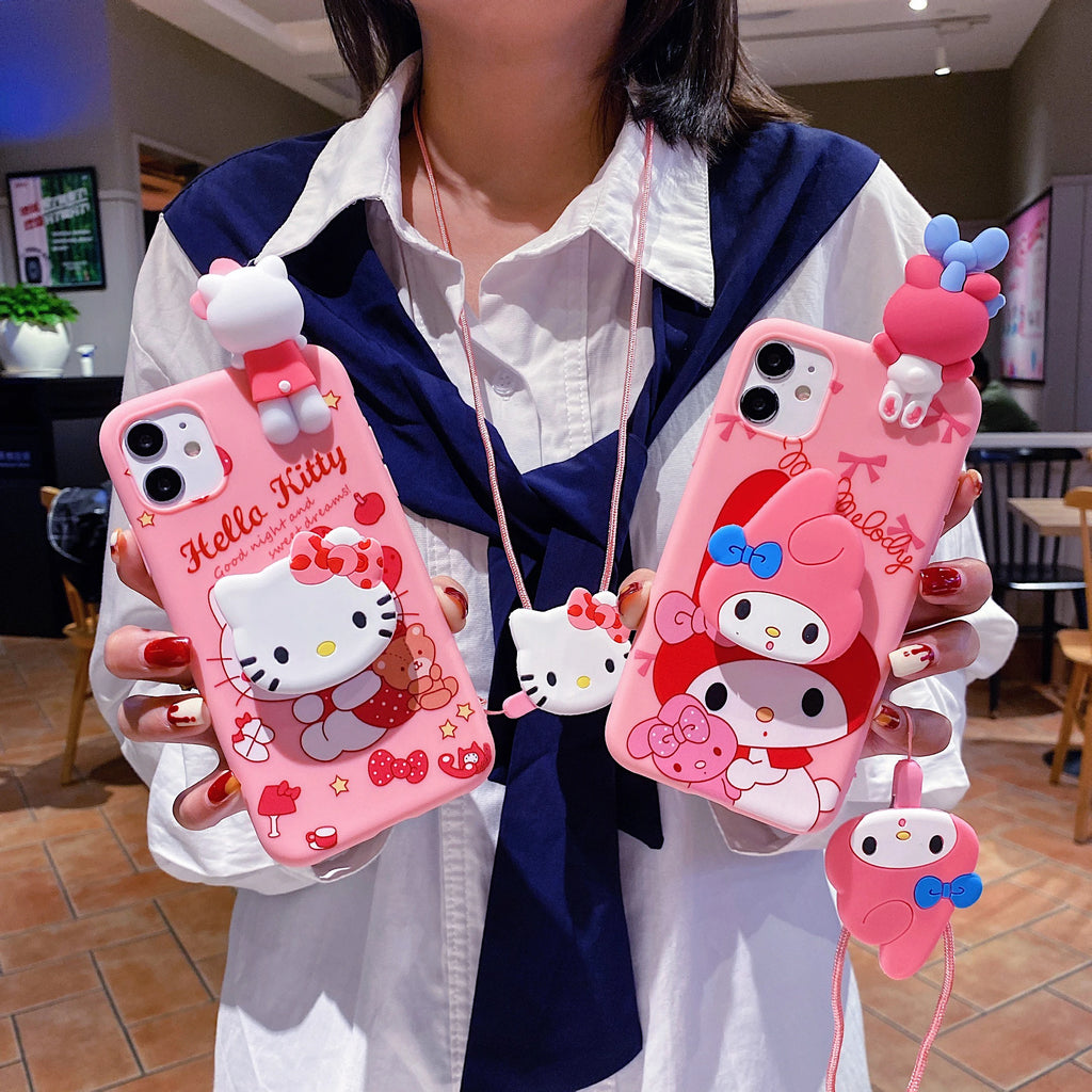 Sanrio 3D Kitty Kuromi Holder Rope Case For Samsung Galaxy A34 A24 A14 A04E A04S A04 A72 A52S A73 A53 A33 A23 A13 A03S A03 Core
