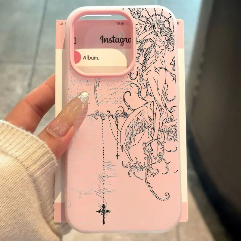 Gothic Style Angel Cross Line Drawing Phone Case For iPhone 11 12 13 14 15 16 17 Pro Max XS X XR 16E 17Pro 17Air 7 8 Plus Cover