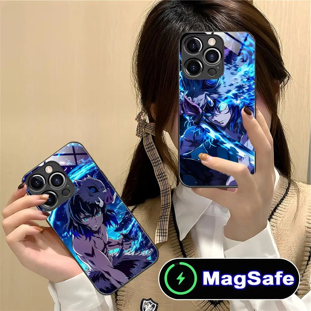 Demon Slayer Inosuke Phone Case for iPhone 16 15 14 13 12 11 Pro Max Plus Mini MagSafe Glass Colour Protective Cover Cellphones