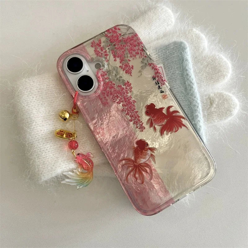Vortex pattern painted calligraphy flower branch koi phone case with koi pendant for iPhone 11 12 13 14 15 16 17 pro max
