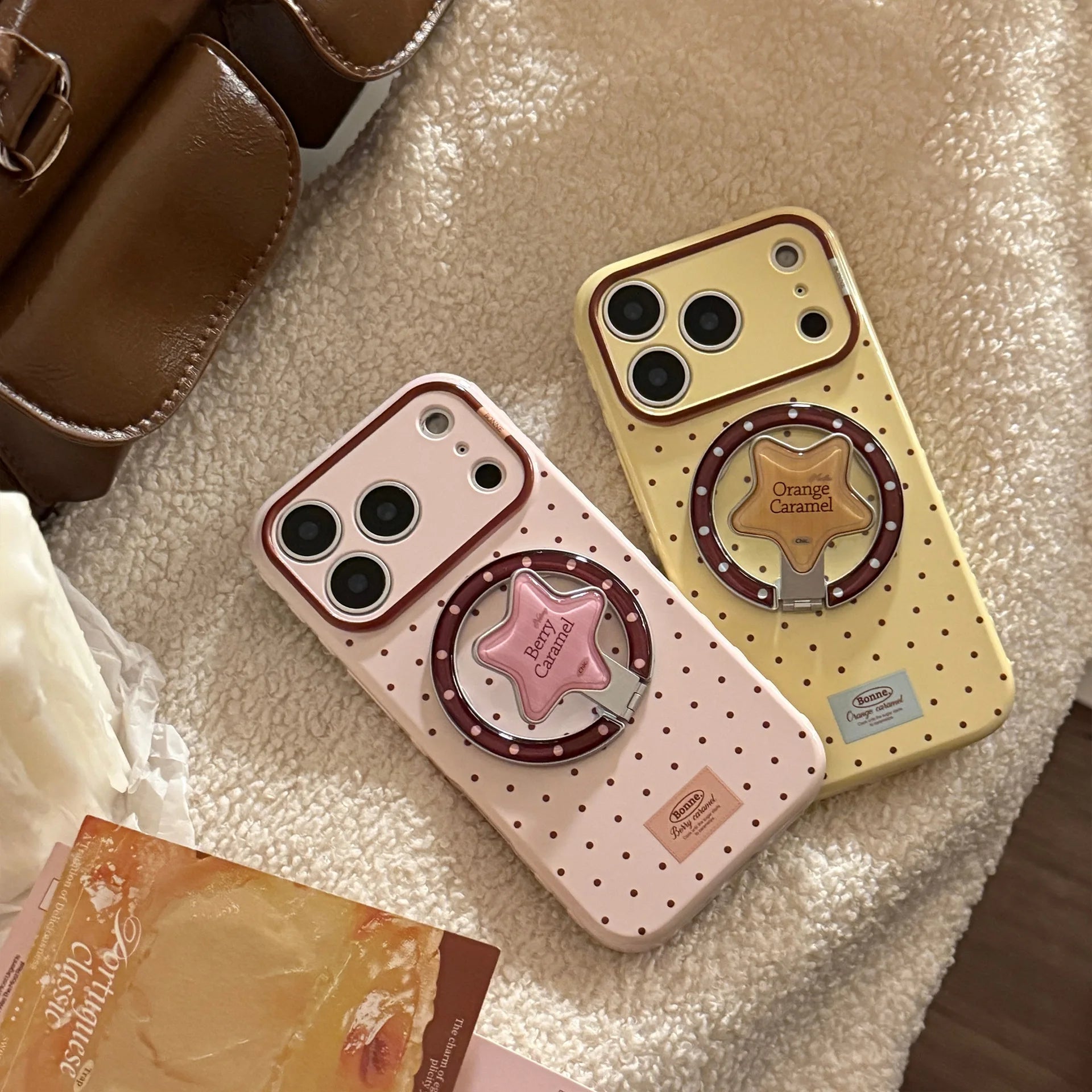 Korean Polka Dots Cartoon Bear Fold Stars Magnetic Bracket Phone Case For iPhone 17 16 15 14 13 12 Pro Max Shockproof Soft Cover