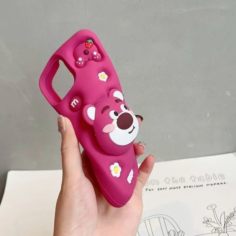 Cartoon lotso Bear Cute Soft Silicone Case For iphone 17 16 15 14 13 12 11 Pro Max XSMAX XR 6 7 8 Plus With Stand Holder Cover