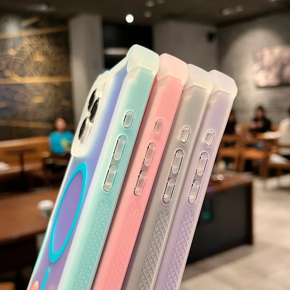 Luxury for Magsafe Laser Dazzling Armor Case For iPhone 17 16 15 14 13 Pro Max Wireless Charging Dual Layer Protection Cover