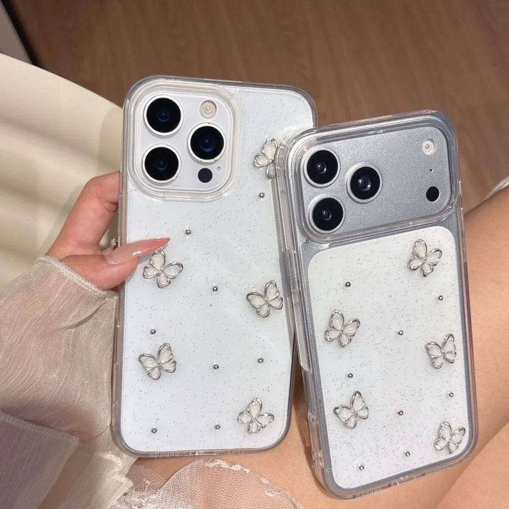 Luxury 3D Butterfly Bling Glitter Clear Phone Case For iPhone 17 16 15 14 13 12 11 Pro Max Soft Shockproof Protective Cover