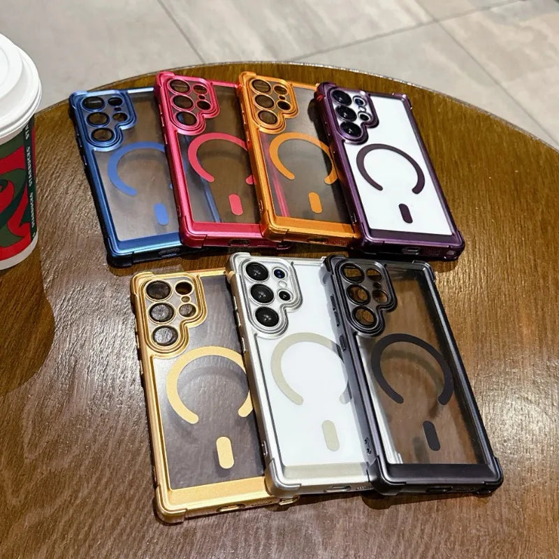 Armor Shockproof Magnetic Case For Samsung Galaxy S25 Ultra S24 FE Plus S23 For Magsafe Lens Protector Matte Plating Clear Cover