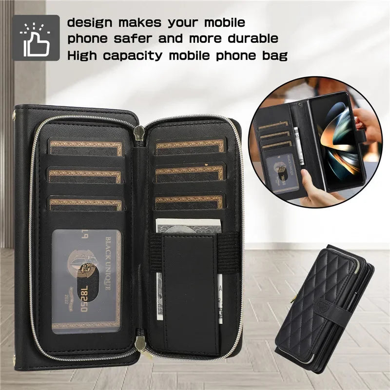 Crossbody Leather Zipper Wallet Card Phone Case for Samsung Galaxy Z Fold 7 6 5 4 3 5G Luxury Wrist Rope Flip Stand Cover Coque